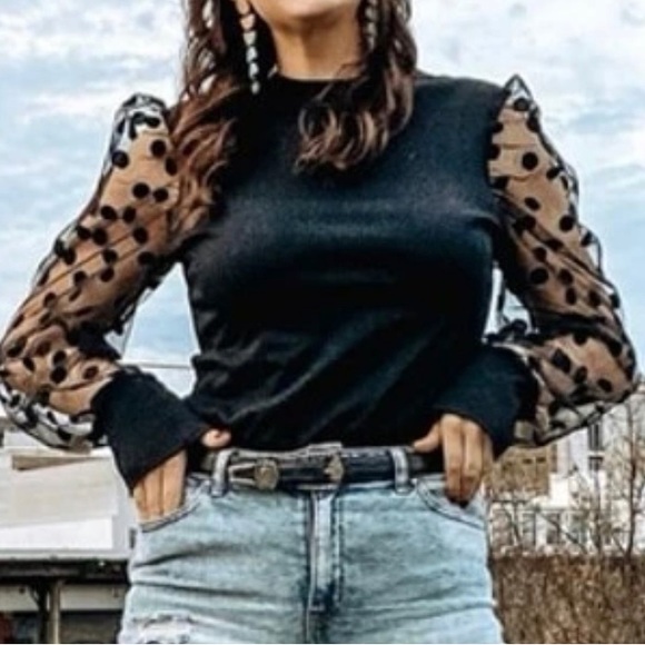Black sheer puff long sleeve polka dot blouse - Picture 2 of 8